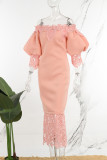 ピンク カジュアル ソリッド 中空アウト パッチワーク オフショルダー ロング ドレス ドレス