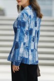Koningsblauwe casual print patchwork bovenkleding met omgeslagen kraag
