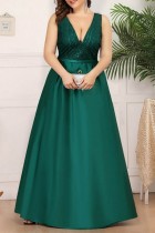 Tintengrünes, sexy, formelles, langes Kleid mit Patchwork-Pailletten und V-Ausschnitt in Übergröße