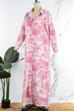 Roos Roze Casual Print Patchwork Overhemdkraag Lange jurk Grote maten jurken (afhankelijk van het werkelijke doel)
