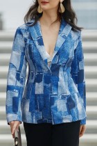 Vêtements d'extérieur décontractés imprimés patchwork à col rabattu bleu royal