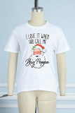 Weiße Patchwork-T-Shirts mit Rundhalsausschnitt und Weihnachtsmann-Aufdruck im Street Daily-Stil