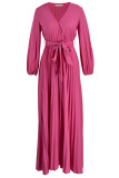 Rose Red Casual Solid Frenulum Pleated V Neck Plus Size Jumpsuits