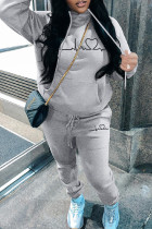 Light Gray Casual Print Basic Hooded Collar Long Sleeve Two Pieces