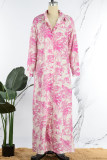 Rosa rosa casual estampa patchwork camisa gola vestido longo vestidos plus size (sujeito ao objeto real)