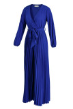 Blue Casual Solid Frenulum Pleated V Neck Plus Size Jumpsuits