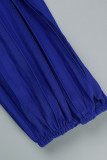 Azul casual sólido frênulo plissado com decote em V Macacões Plus Size