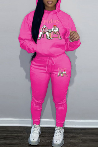 Rose Red Sportwear Casual Letter Print Hooded Collar Long Sleeve Sweatshirt And Draw String Pants Two Pieces Sweatsuit Sets