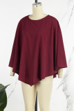 Red Casual Solid Asymmetrical O Neck Tops