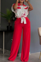 Красный сладкий принт бинты лоскутное карман пряжка воротник рубашки с короткими рукавами из двух частей