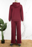 Burgundy Casual Solid Patchwork Draw String Pocket Hooded Collar Long Sleeve Two Pieces