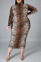 Patrón de tigre Estampado casual Básico Medio cuello alto Manga larga Vestidos de talla grande