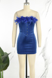 Blaue sexy feste Patchwork-Federn trägerloses trägerloses Kleid