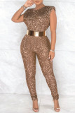 Green Casual Patchwork Sequins O Neck Plus Size Jumpsuits (Without Belt)