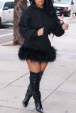 Black Street Solid Feathers Hooded Collar Straight Dresses