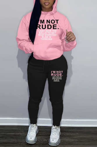 Pink Sportwear Casual Letter Print Hooded Collar Long Sleeve Sweatshirt And Draw String Pants Two Pieces Sweatsuit Sets
