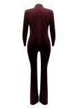 Burgundy Casual Solid Patchwork Buttons Turn-back Collar Long Sleeve Two Pieces