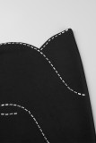 Schwarz Sexy Solide Ausgehöhlt Patchwork Hot Drill Asymmetrischer Kragen Langarm Zwei Stücke