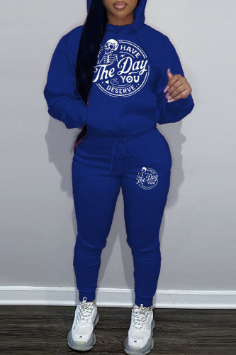 Blue Sportwear Casual Graphics Print Hooded Collar Long Sleeve Sweatshirt And Draw String Pants Two Pieces Sweatsuit Sets