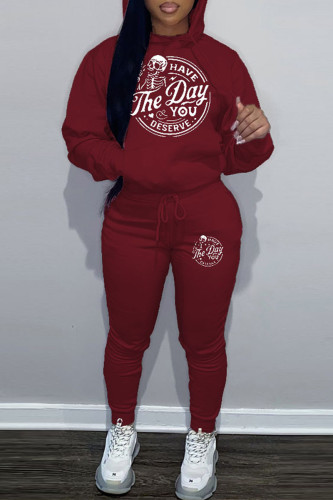 Burgundy Sportwear Casual Graphics Print Hooded Collar Long Sleeve Sweatshirt And Draw String Pants Two Pieces Sweatsuit Sets