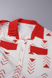 Röd Sweet Print Bandage Patchwork Pocket Spänne Skjorta Krage Kort ärm Två delar
