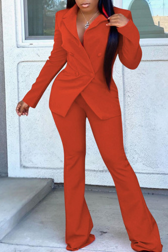Tangerine Red Casual Solid Patchwork Buttons Turn-back Collar Long Sleeve Two Pieces