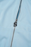 Light Blue Elegant Solid Patchwork Draw String Pocket Zipper Hooded Collar Long Sleeve Two Pieces