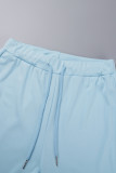 Bleu clair élégant solide Patchwork cordon de serrage poche fermeture éclair col à capuche manches longues deux pièces