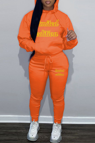 Orange Sportwear Casual Letter Print Hooded Collar Long Sleeve Sweatshirt And Draw String Pants Two Pieces Sweatsuit Sets