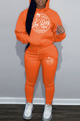 Orange Casual Print Basic Kapuzenkragen Langarm Zweiteiler