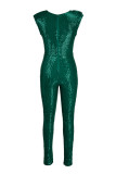 Green Casual Patchwork Sequins O Neck Plus Size Jumpsuits (Without Belt)