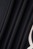 Vestidos pretos de manga comprida com estampa universitária patchwork com decote em O