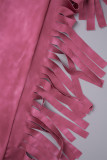 Rosafarbene, einfarbige, einfarbige Jumpsuits mit U-Ausschnitt und Quasten-Patchwork in Rosérot