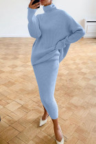 Light Blue Casual Solid Basic Turtleneck Long Sleeve Two Pieces