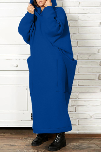 ブルーカジュアルソリッドパッチワークフード付きカラーストレートドレス