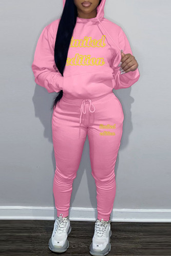 Pink Sportwear Casual Letter Print Hooded Collar Long Sleeve Sweatshirt And Draw String Pants Two Pieces Sweatsuit Sets