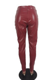 Burgundy Casual PU Solid Knotted Loose Bottoms