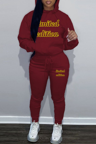 Burgundy Sportwear Casual Letter Print Hooded Collar Long Sleeve Sweatshirt And Draw String Pants Two Pieces Sweatsuit Sets