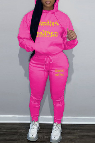 Rose Red Sportwear Casual Letter Print Hooded Collar Long Sleeve Sweatshirt And Draw String Pants Two Pieces Sweatsuit Sets