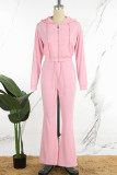 Rosa elegante patchwork liso cordón bolsillo cremallera cuello con capucha manga larga dos piezas rosa