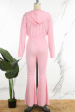 Pink Elegant Solid Patchwork Draw String Pocket Zipper Hooded Collar Long Sleeve Two Pieces