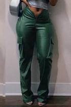 Verde tinta Universidad sólido patchwork bolsillo regular cintura media recto color sólido Bottoms