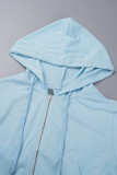Azul claro elegante sólido patchwork cordão bolso zíper gola com capuz manga comprida duas peças