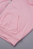 Rosa elegante patchwork liso cordón bolsillo cremallera cuello con capucha manga larga dos piezas rosa
