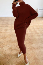Brick Red Casual Solid Basic Turtleneck Long Sleeve Two Pieces