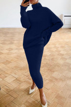 Royal Blue Casual Solid Basic Turtleneck Long Sleeve Two Pieces