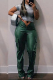 Tintengrüne, einfarbige, einfarbige College-Hose mit Patchwork-Tasche, normaler mittlerer Taille und geradem Schnitt