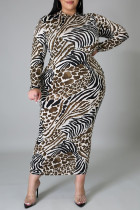 Estampa de leopardo casual estampa básica meia gola alta manga comprida vestidos plus size