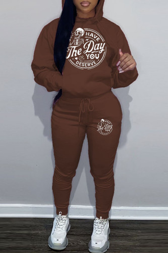 Brown Sportwear Casual Graphics Print Hooded Collar Long Sleeve Sweatshirt And Draw String Pants Two Pieces Sweatsuit Sets