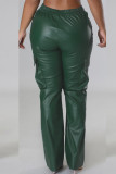 Tintengrüne, einfarbige, einfarbige College-Hose mit Patchwork-Tasche, normaler mittlerer Taille und geradem Schnitt